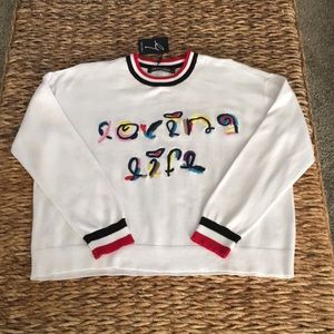 Gabby Isabella sweater. Crew neck. White cotton. Loving life. Multicolor.Size S.